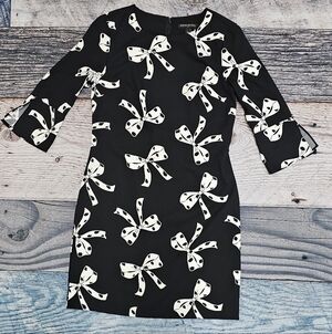 Banana Republic Black White Spotted Bow Print 3/4 Sleeve Shift Dress Size 0